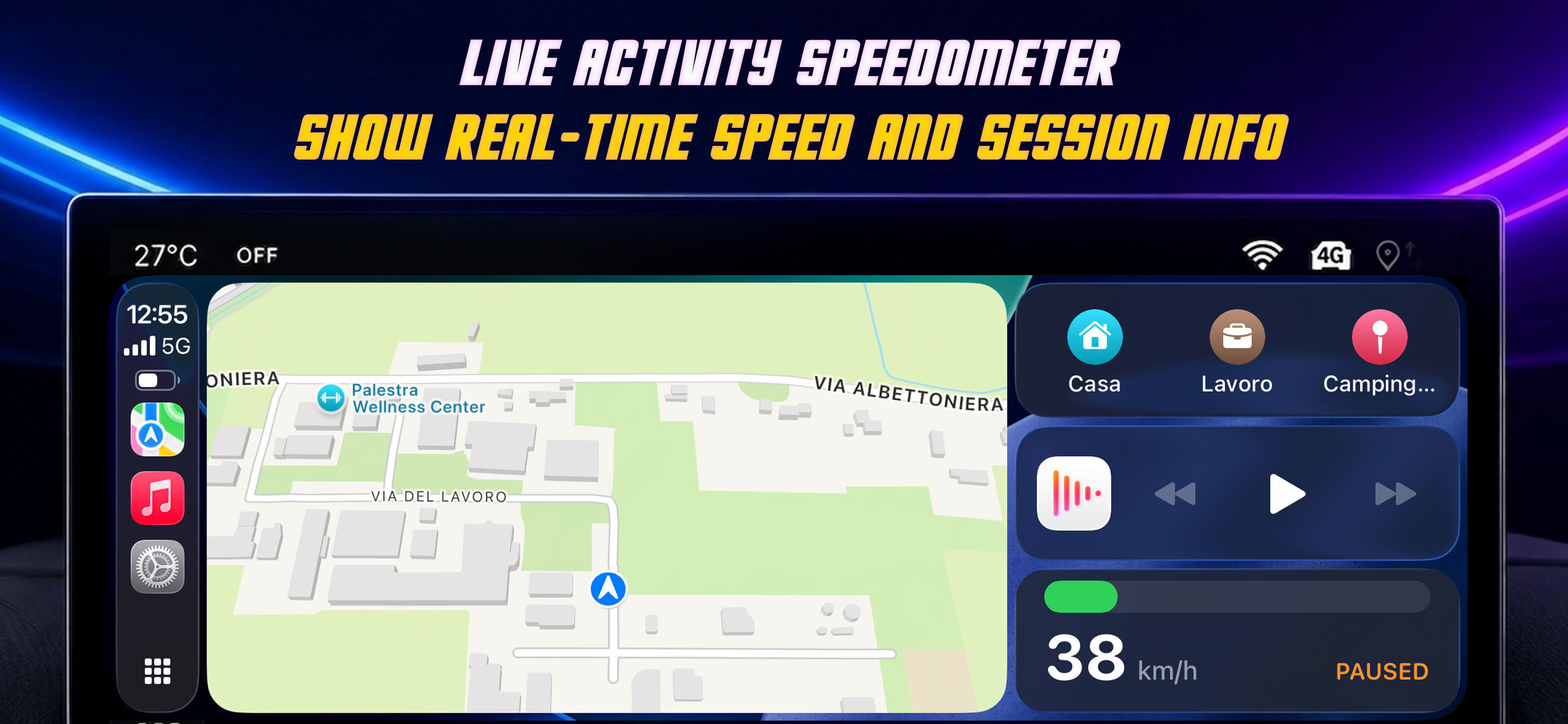 RideStory Live Activity speedometer beside a CarPlay map