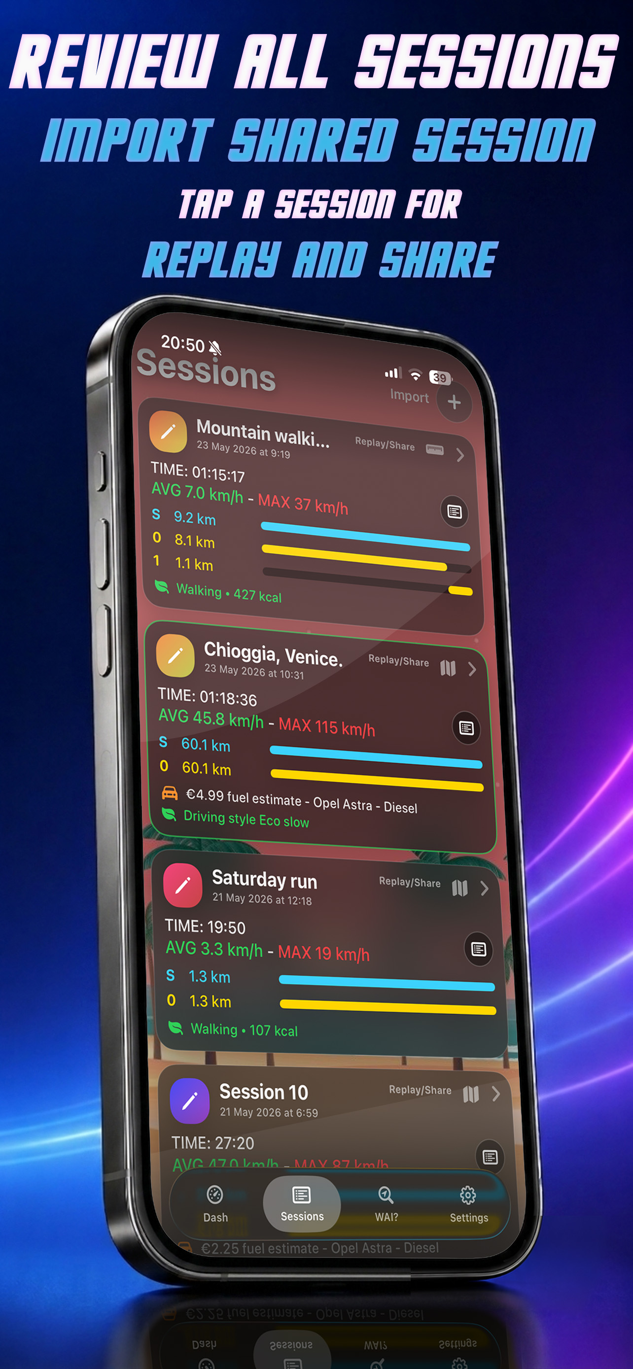 RideStory session list showing distance, speed, fuel and calorie information
