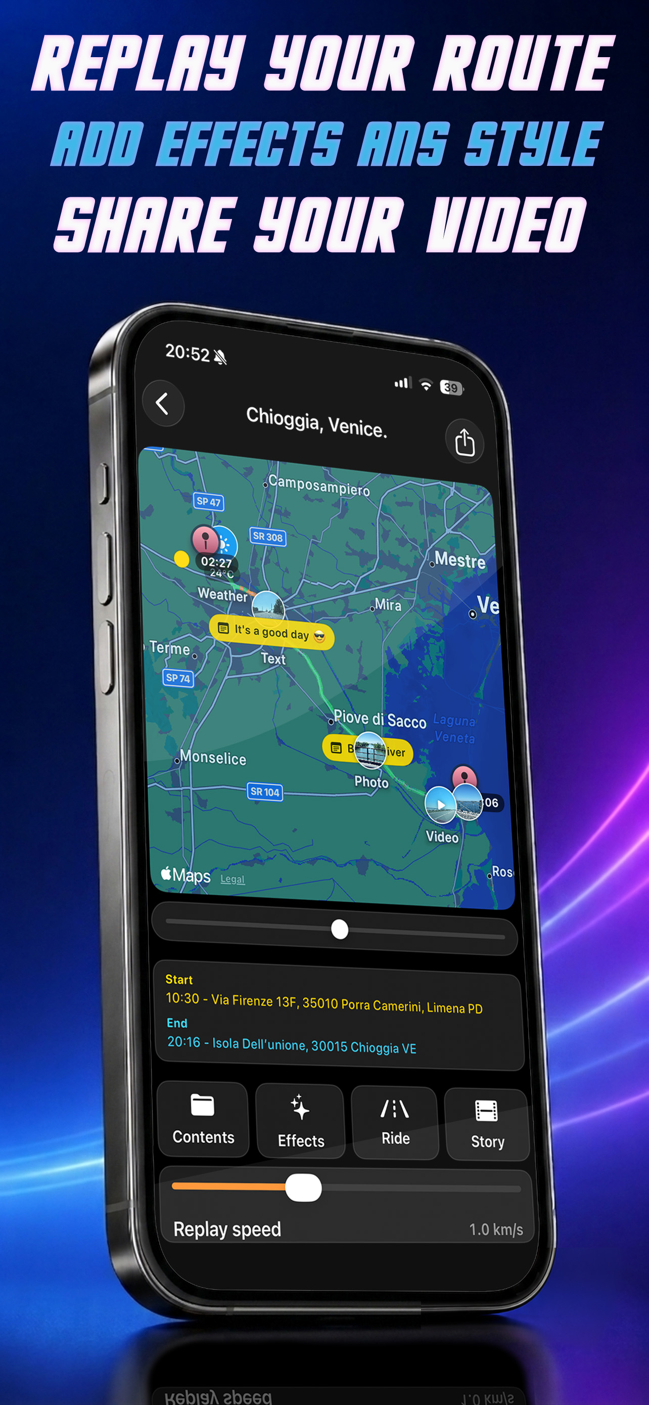 RideStory interactive map replay with photos, video, weather and text along the route