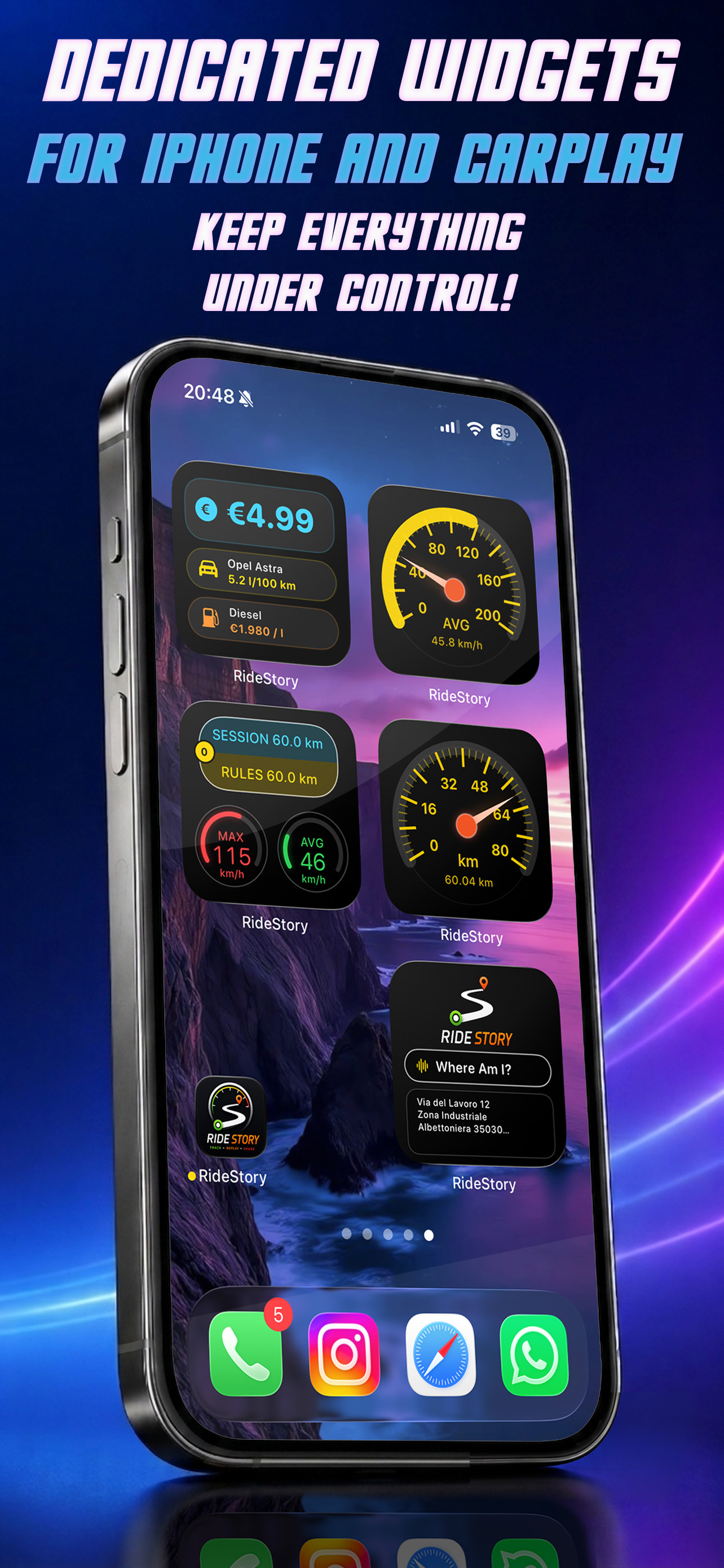 RideStory Home Screen widgets for speed, distance, fuel cost and current location