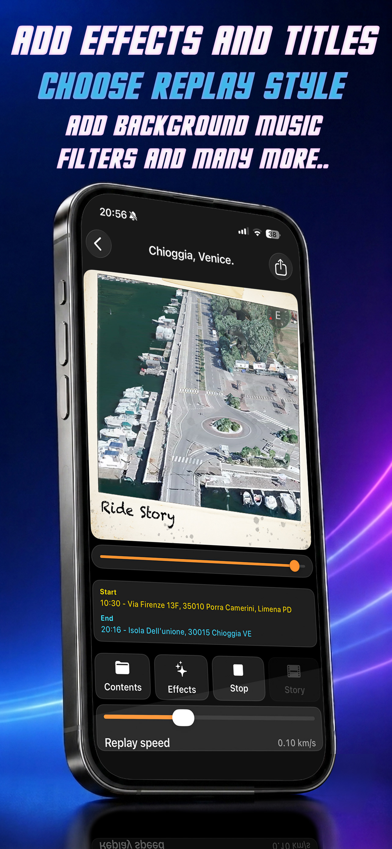 RideStory replay editor with visual effects, titles and background music